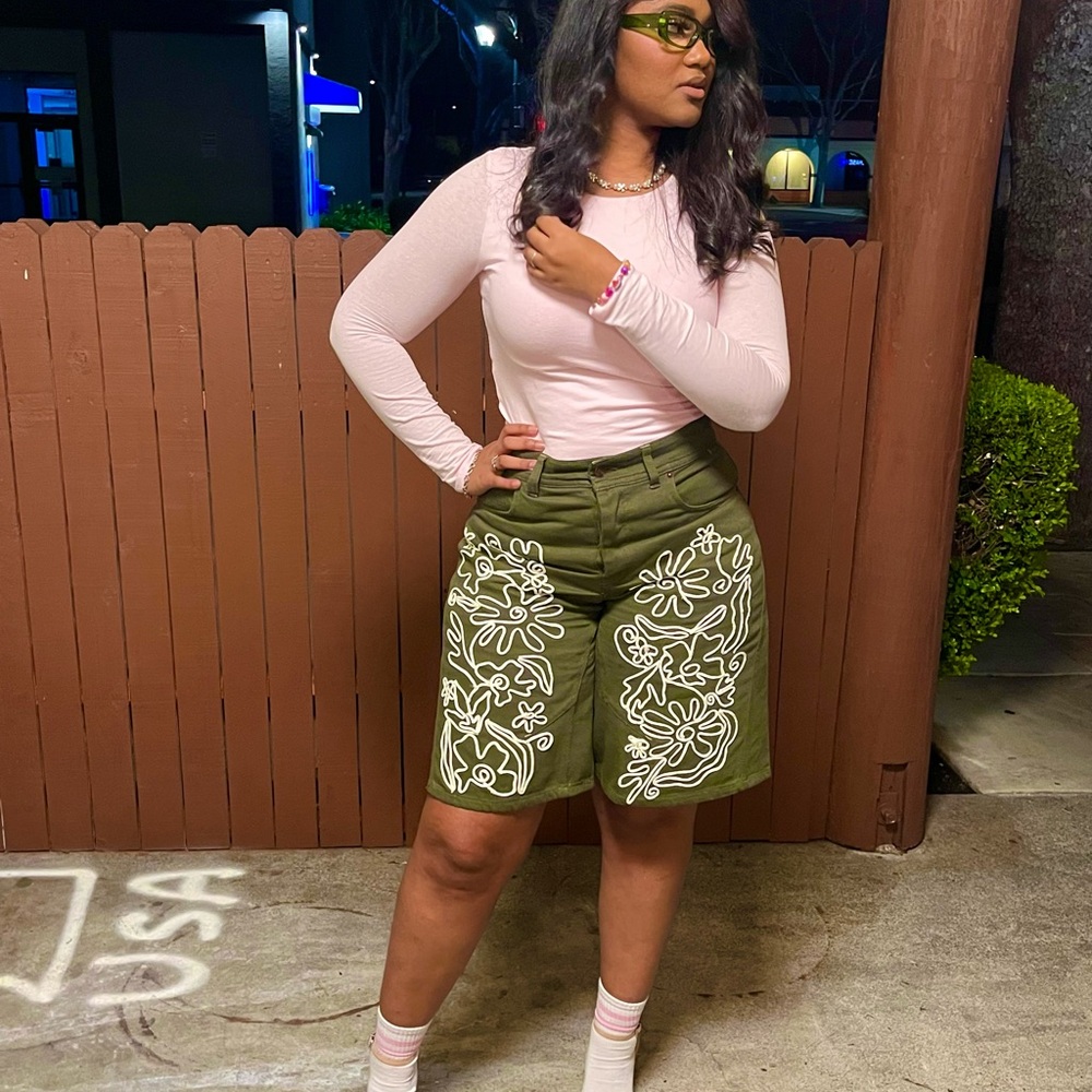 Olive Green Floral Women's Shorts
